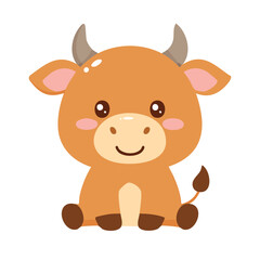 Cute cartoon of a calf with a happy expression. The calf is in a sitting position, with a round body and small curved horns. The image evokes feelings of joy and simplicity. 