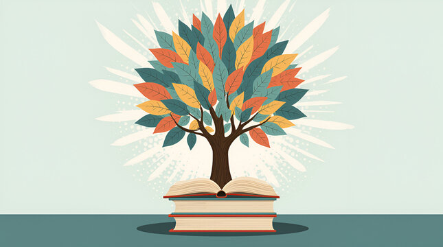 Unlocking the profound concept of intellectual growth A vibrant tree of knowledge blossoms from stacked books, symbolizing education, lifelong learning, and wisdom.