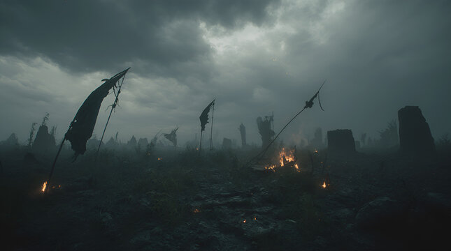 Grim and desolate ancient battleground under a stormy, ominous sky, tattered banners stand as silent witnesses to forgotten conflicts and enduring ruins.