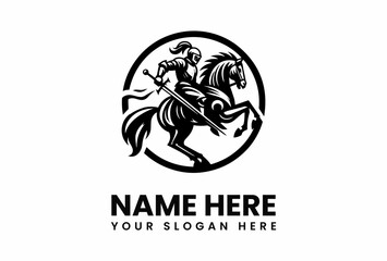 Black and white illustration of a knight on a rearing horse within a circle.