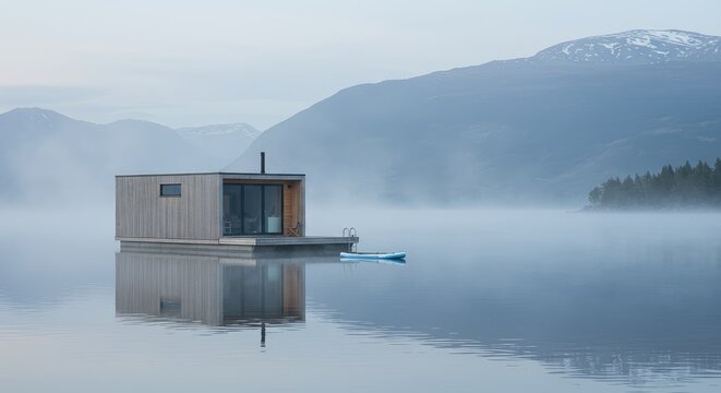 A modern floating cabin on a misty lake, surrounded by mountains