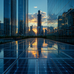 Urban skyline with solar panels reflecting the sunset, surrounded by tall glass skyscrapers. A modern cityscape emphasizing renewable energy, sustainability, and futuristic urban design