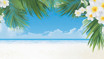 Naklejka premium Tropical beach scene with palm leaves and flowers