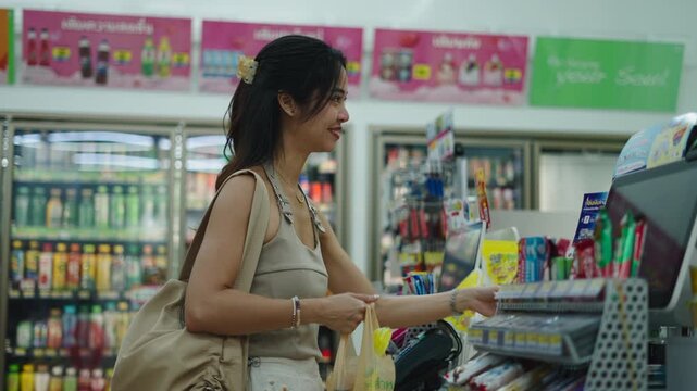 Young woman paying for groceries at a convenience store checkout