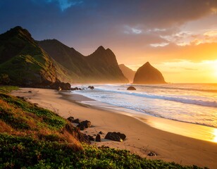Golden sunset over a tropical beach. Lush greenery meets rocky shoreline, waves crash gently