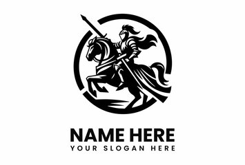 Black and White Silhouette of Knight on Horseback with Lance in Circular Frame.