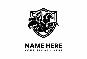 Black Knight on Rearing Horse Inside Shield Logo Design.