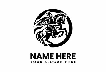Black Knight on Rearing Horse with Sword in Circular Emblem.