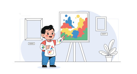 Fototapeta premium Young Artist Proudly Presenting His Colorful Painting In a Gallery