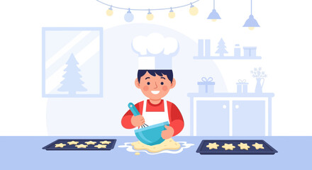 Young Baker Prepares Christmas Cookies With Joyful Enthusiasm In Kitchen