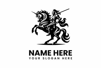 Naklejka premium Black Knight on Rearing Unicorn with Sword Ready for Battle.