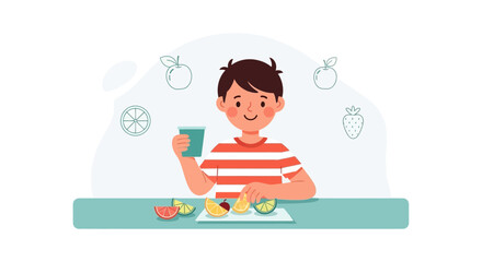 Young Boy Enjoying Freshly Squeezed Juice And Healthy Fruit Snacks