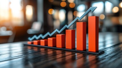 Rising bar graph with arrow, blurred background