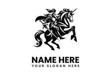 Black Silhouette of Knight with Sword Riding a Rearing Unicorn.