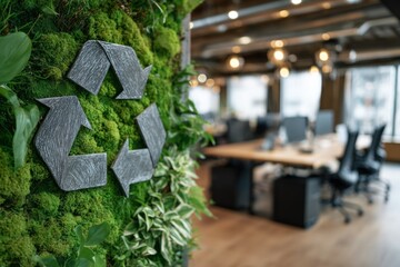 Sustainable office decor with recycle sign on green wall in modern workplace