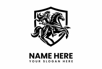 Bold Knight on Rearing Horse with Sword Shield Emblem in Black and White.