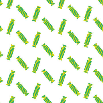 Wrapped Candy in seamless pattern, chocolate and green wrap. Doodle candy caramel sweets in fun striped design. Candy themed pattern for wallpaper, party packaging or creative sweet-themed art.