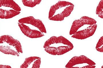 Fototapeta premium Red lipstick prints pattern on white background
