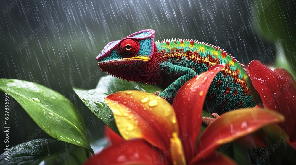 Fototapete the image presents a bright background with a chameleon displaying multiple colors, sitting on a flo