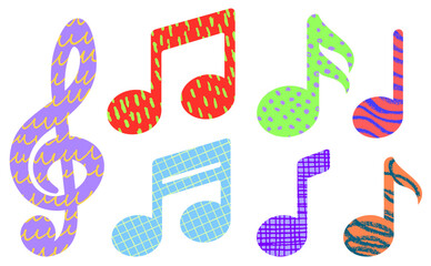 Set of bright, textured music notes and treble clef icons with playful patterns. Vector illustration. © Vjom