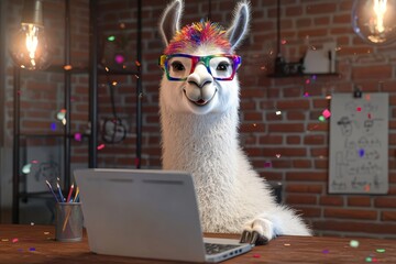 The image depicts a lama with a banner and laptop, set against a dark background, with a burst of colourful confetti, representing the thrill of online shopping during holiday celebrations and
