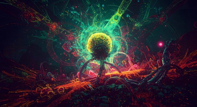 A vibrant and intricate abstract illustration featuring a central glowing orb with tendrils extending out