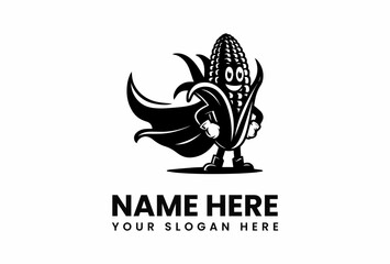 Cartoon Corn Superhero with Flowing Cape and Boots Black and White Logo.