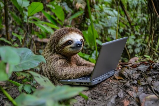 In a green forest setting, a very cute and adorable sloth is sitting and looking at a laptop screen, creating a funny and lovely meme