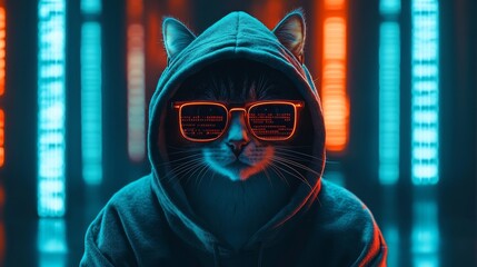 The image of a hooded hacker with glasses reflecting computer code represents ideas of technology, hacking, funny animals, and online threats