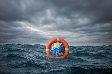 Earth in a life preserver amidst a stormy sea