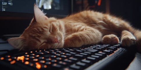 A cute ginger cat is spotted snoozing quietly on a white computer keyboard, giving off an atmosphere of calmness and repose in a modern office space