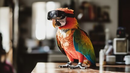In a domestic setting, a small parrot can be found perched on a branch, wearing a virtual reality headset