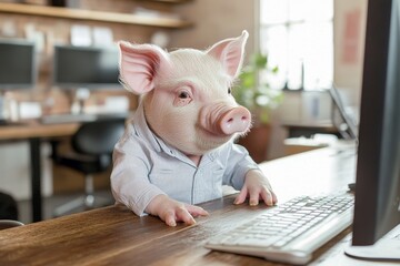A shirt-clad pig is diligently working on a computer situated at a cluttered desk in an industrial environment