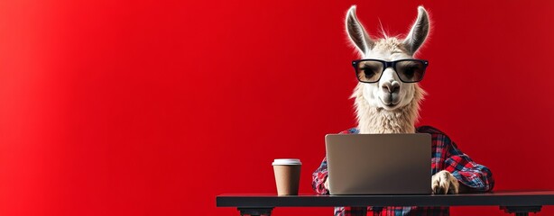 The image features a cool llama wearing trendy sunglasses while working on a laptop at a desk with a red background