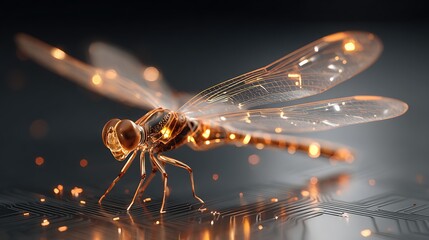 A futuristic dragonfly with transparent wings resting on a circuit board with bokeh lights around it