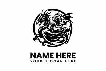 Fierce Dragon and Woman Silhouette Within a Circular Emblem Design.