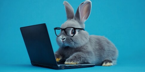 In an office with a blue pastel background, a cute and funny bunny rabbit, dressed in business attire, wears glasses while working on a laptop computer