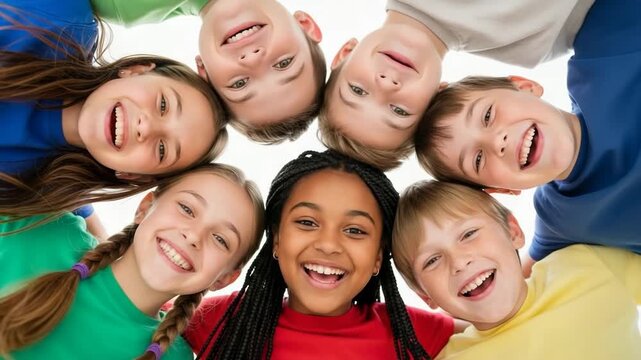 A diverse group of happy children are smiling and laughing together in a closeup overhead shot