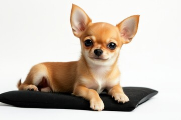The image shows a cute chihuahua dog sitting in front of a laptop on white