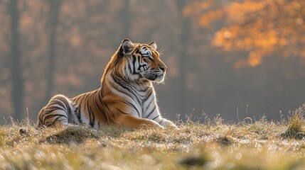 Tiger lies alert in grass, autumnal forest behind
