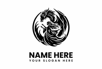 Intricate Dragon and Woman Silhouette Within Circular Frame Logo Design.