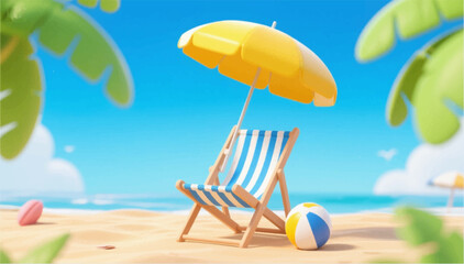 A vivid illustration of the ocean or sea shore, on which there is an armchair with an umbrella and an inflatable rubber ball. It's time for vacations and summer. Vector graphics. EPS.