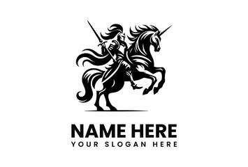 Knight on Rearing Unicorn with Sword Heraldic Emblem Design.