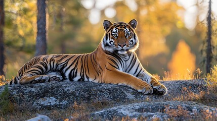 Tiger resting, striped coat, rock, forest backdrop