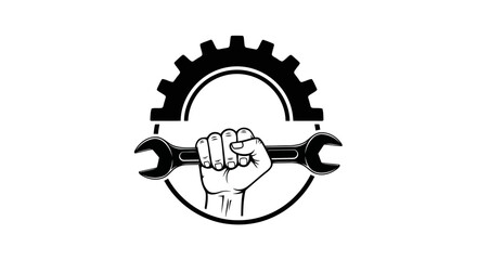 Vector art of a strong hand firmly grips a wrench in front of a large gear, symbolizing mechanical power and industry
