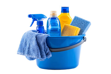 A blue bucket filled with cleaning supplies including a sponge