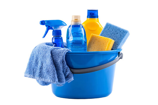 A blue bucket filled with cleaning supplies including a sponge