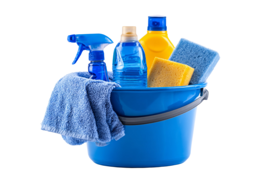 A blue bucket filled with cleaning supplies including a sponge