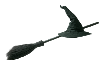 A black witch's hat with a broomstick