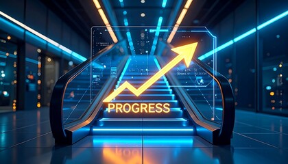 Futuristic escalator with a rising graph, projecting "PROGRESS" on a transparent display. Bright neon blue and yellow lighting highlights the modern interior. High-tech server room feel